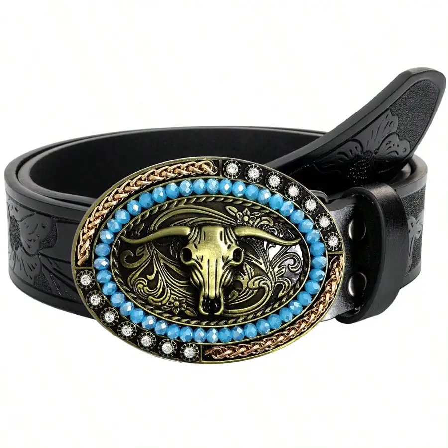 1pc Western Cowboy PU Leather Buffalo Head Belt - Intricate Flower Carving Longhorn Buffalo Head Belt - Country Style Unisex Bel