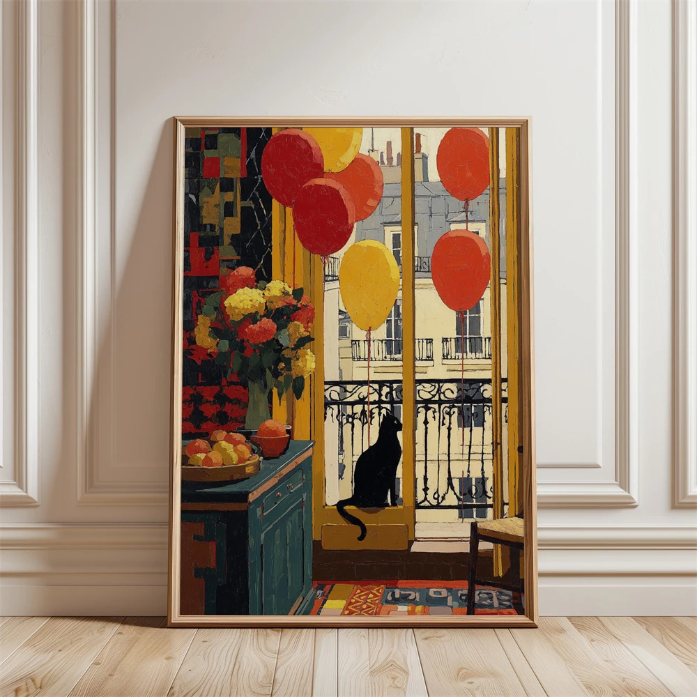 Black Cat Paris Window Print City View Wall Art Poster Black Cat Paris Apartment Art Print Vintage Balloons Wall Decor Canvas