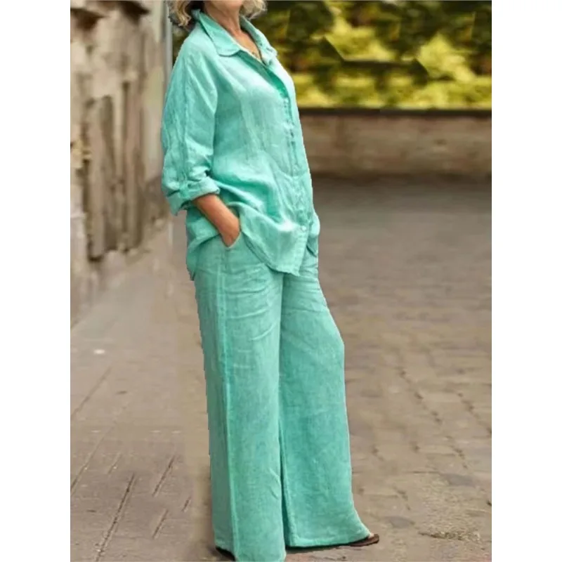 Fashion Cotton Linen Shirt Long Sleeved Women's Set Solid Autumn Loose Linen Wide Leg Trousers Female Office 2piece Set