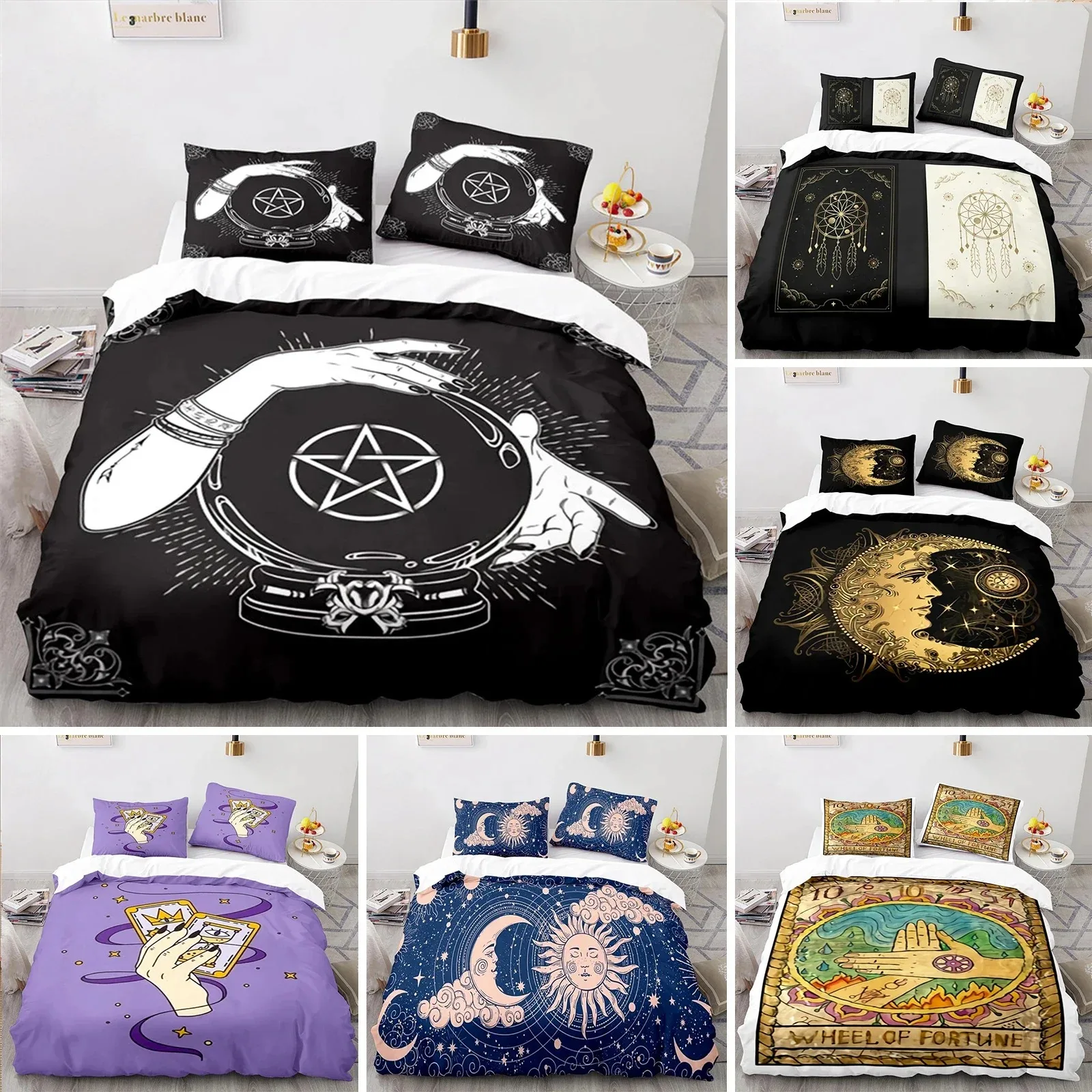 

Boho Sun and Moon Duvet Cover Mysterious Astrology Bedding Set Microfiber Witch Wiccan Fortune-Telling Tarot Cards Quilt Cover