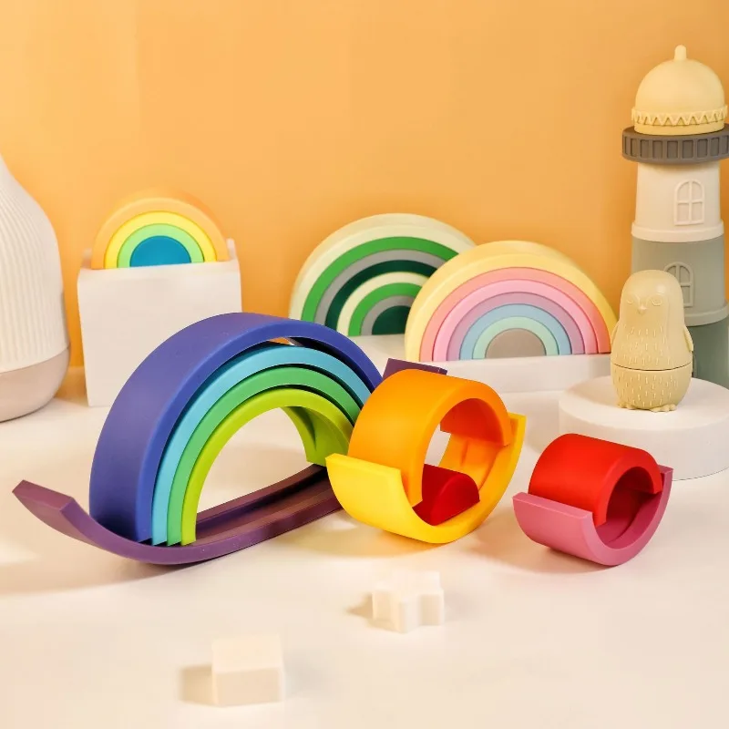 Silicone Rainbow Stacker Montessori Nesting Puzzle for Kids and Toddler Stacking Sensory Toys 10 Layers Building Blocks Infant