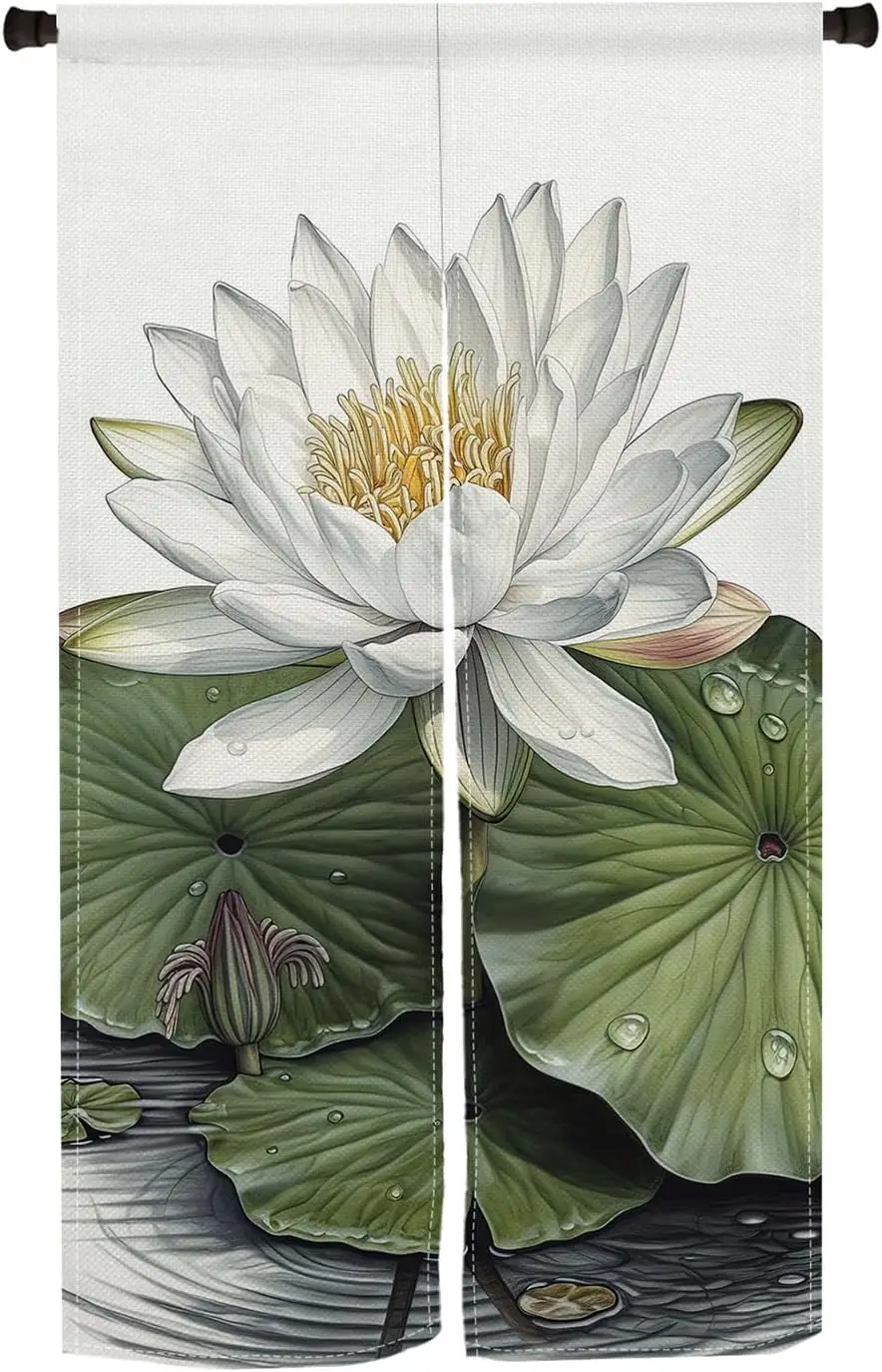Lotus Water Drop Noren Curtain,Chinese Style White Background Realistic Floral Print Home Tea House,Zen Oriental Room Divider