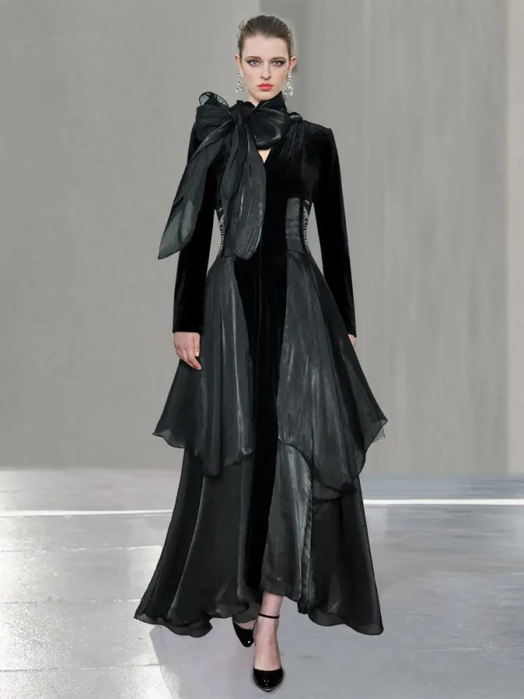 

Весна 2024, шарф с v-образным вырезом и длинными рукавами, бархатные швы с рюшами, большой подол, элегантные модные женские длинные черные платья X-Long