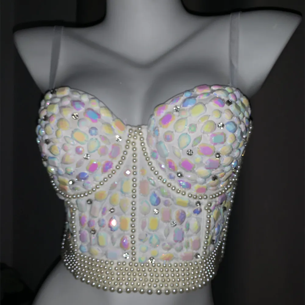 Summer Diamond Beading Bling Bra Women High Street Night Club Party Sexy Cropped Top Cotton Camisole Tops 2024