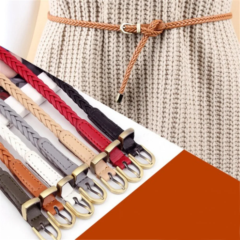 

PU Leather Braided Waist Belts With Golden Alloy Buckle Women's Cummerbund Fashion Thin Decoration Waistband Solid Color