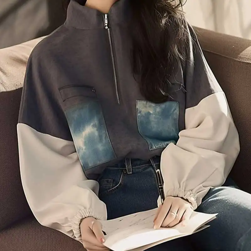 Women Clothing Spring Autumn Casual Korean Zipper Printing Female All-match Fashionable Color Blocking Long Sleeve Sweatshirts T
