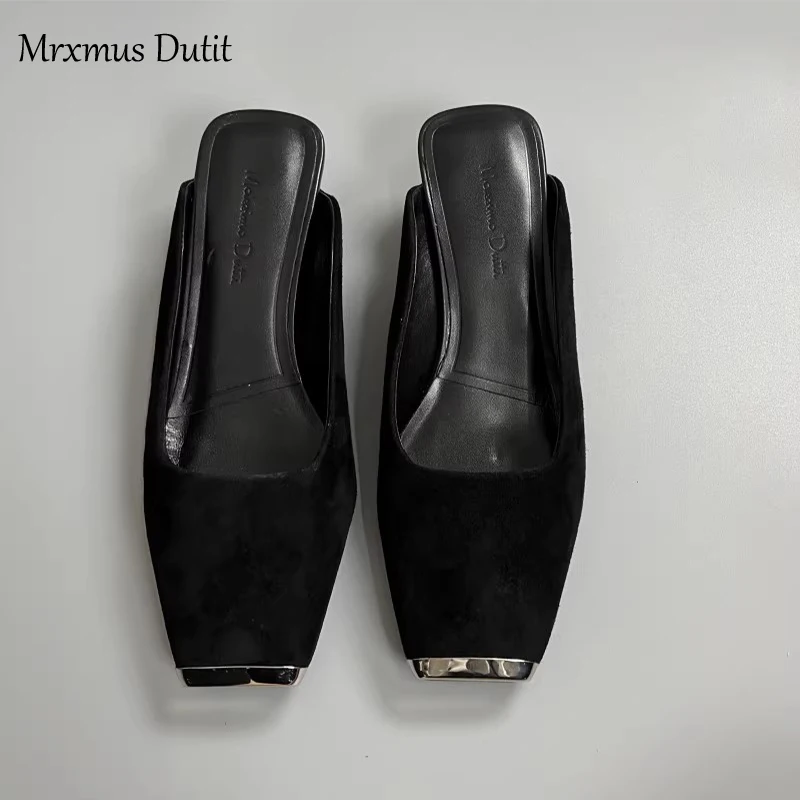 Mrxmus Dutit 2023 Summer Fashion New Women Thin Mid-heel Square Head Slippers Splicing Solid Simple Casual Shoes Female Chic