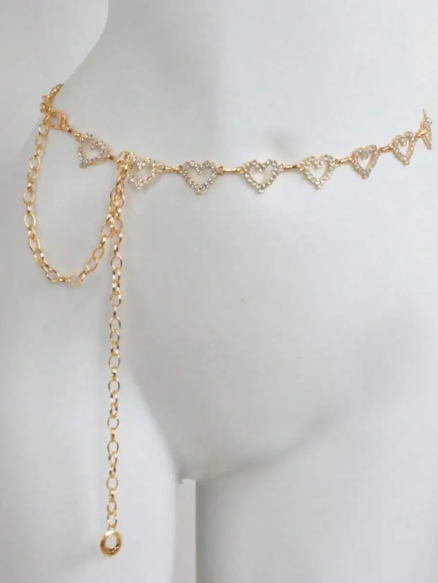 1pc Fashionable Simple Heart Shaped Rhinestone Decorated Alloy Waist Chain For Women Dress, Back-To-School Season - Detail 1