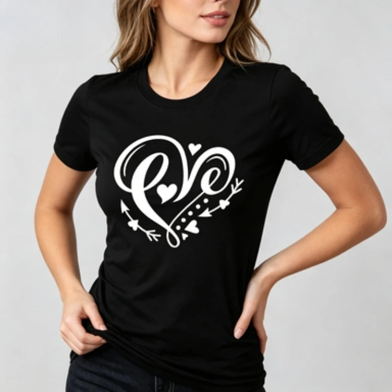 Love Heart Arrow Women Cotton Slim Tee Cursive Art Print Round Neck Casual Summer Valentine Day Women T-Shirt