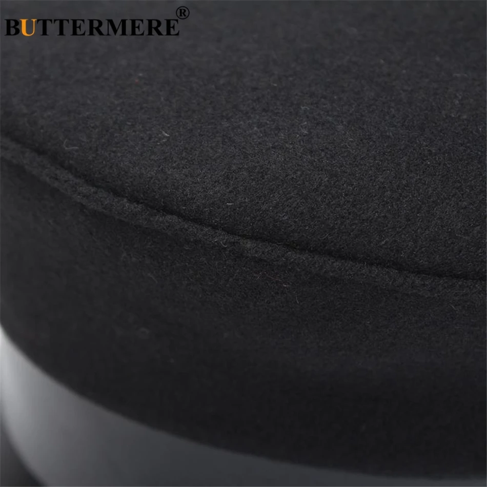 BUTTERMERE Military Hat Women Army Cap Woolen Patchwork Leather Black Baker Boy Hat Spring Autumn Brand Sailor Flat Top Hat