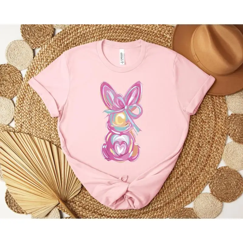 Brushstroke Bunny Easter T Shirt Colorful Coquette Preppy Animal Happy Spring Day Cozy for Women Cute Retro