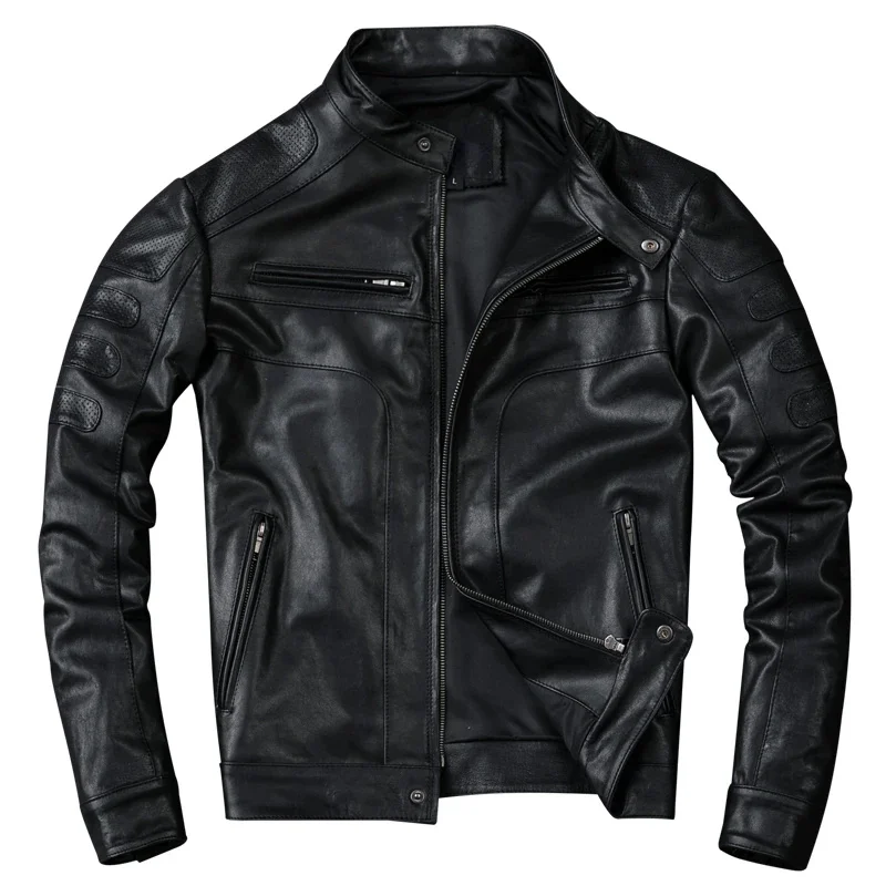 

Motorcycle Men Biker Jackets Slim Short Stand Collar Genuine Leather Clothes CoatVegetable Tanned Sheepskin Jacket