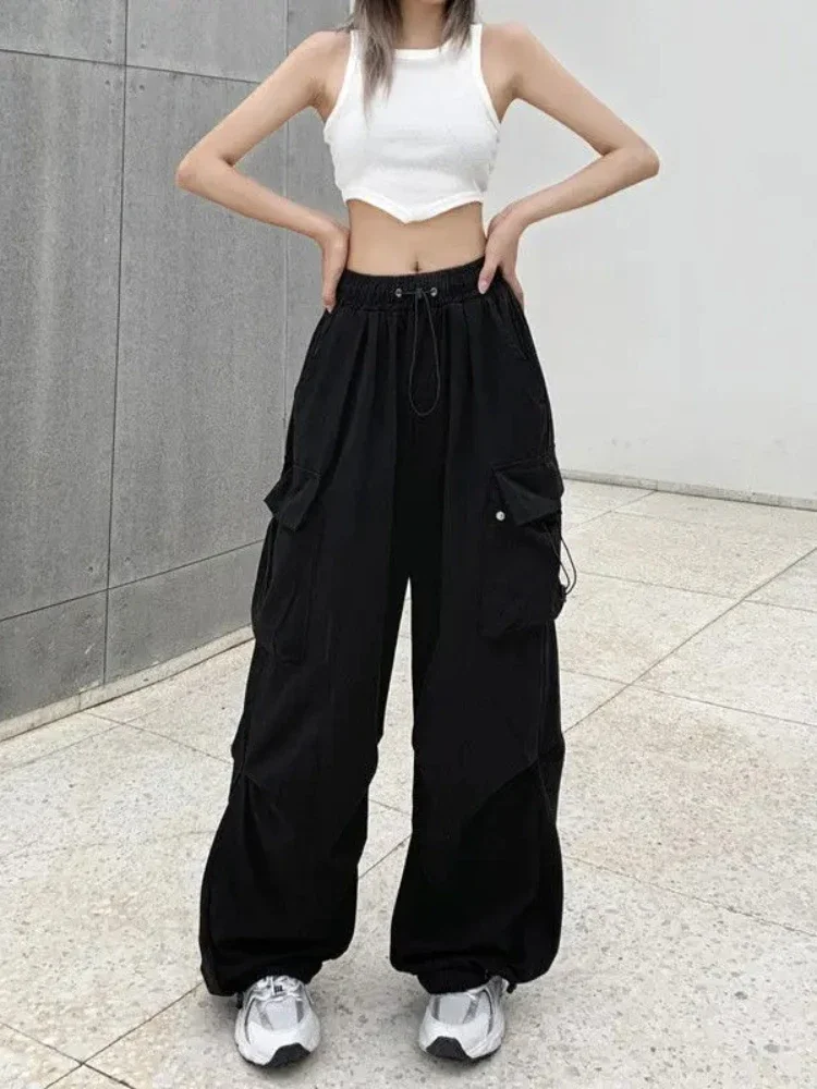 Neue Frühling Herbst Frauen Casual Baggy Cargo Hosen Jogger Tech Hosen Kordelzug Breite Bein Baggy Hosen Y2K Streetwear Jogginghose