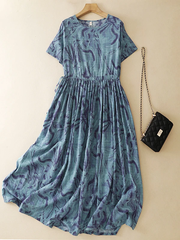 

Summer Fashion Loose plus Size Women's Dress Korean Japanese Style High Waist Printed A-Line Skirt Elegant Long Dress