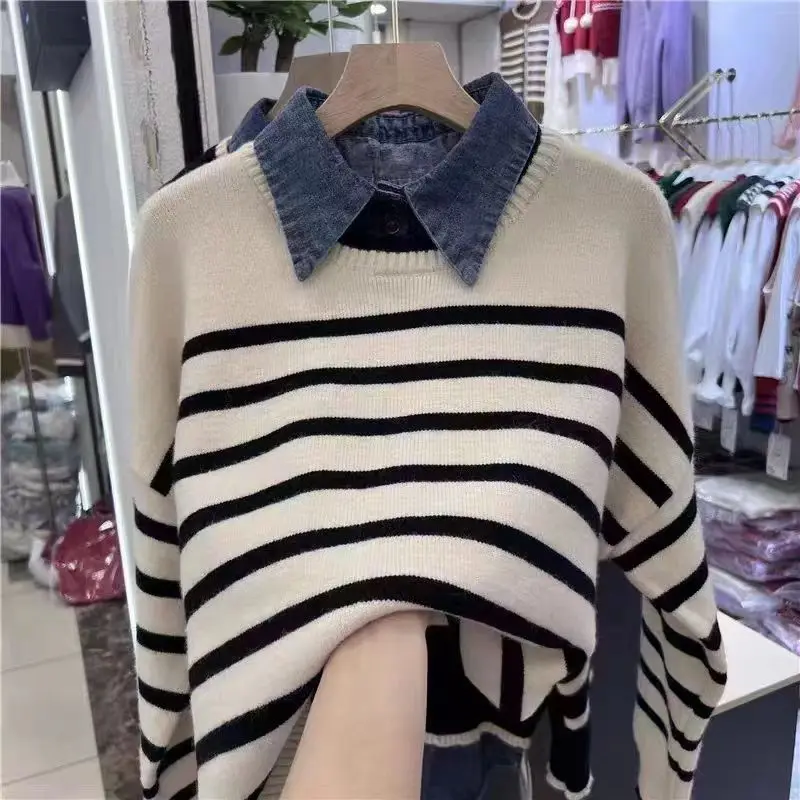 

Loose versatile denim patchwork knit fake two-piece pullover women spring and autumn new outerwear polo stripe sweater female