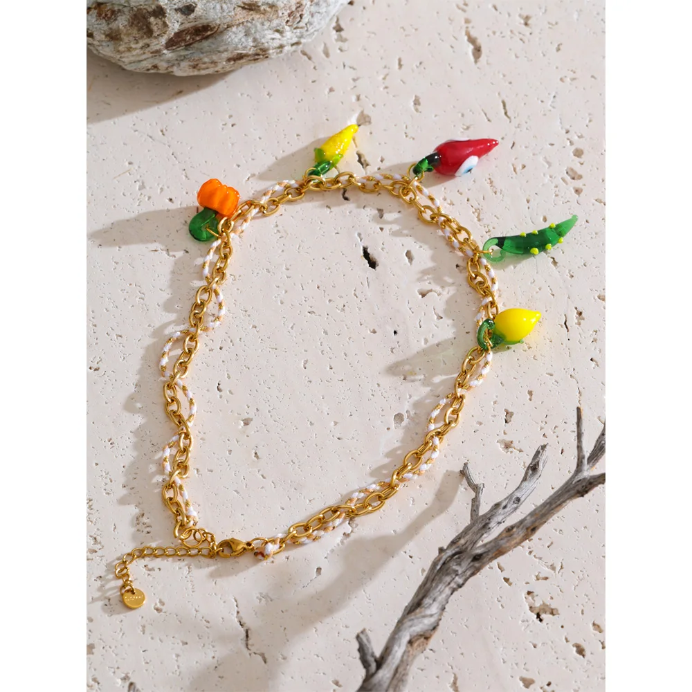Yhpup Popular Rope Braided Pumpkin Lemon Chilli Charm Necklace Pendant Stain Less Metal Creative Exclusive Jewellery Gift