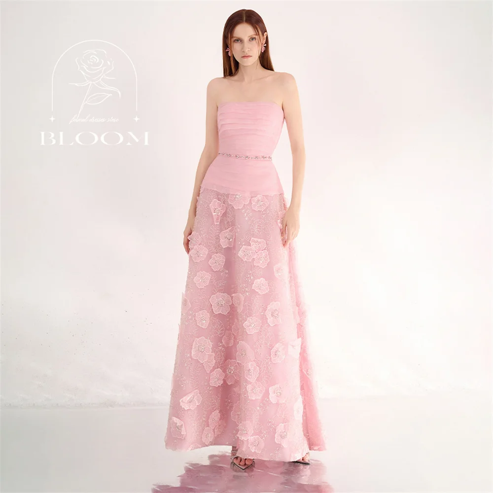 

Bloom Customized Flower Strapless Sleeveless Evening Party Gown Sparking Sequin Crystal A-Line Appliques Lace High Quality New