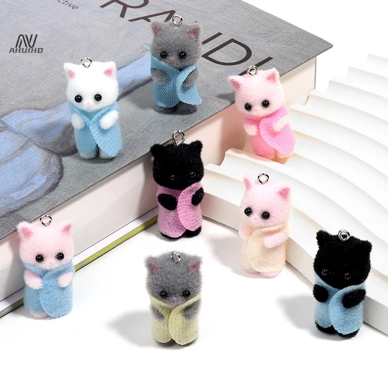 Kawaii 3D Flocking jimat kucing lucu kartun kucing ornamen anting-anting liontin Aksesori DIY kerajinan perhiasan membuat