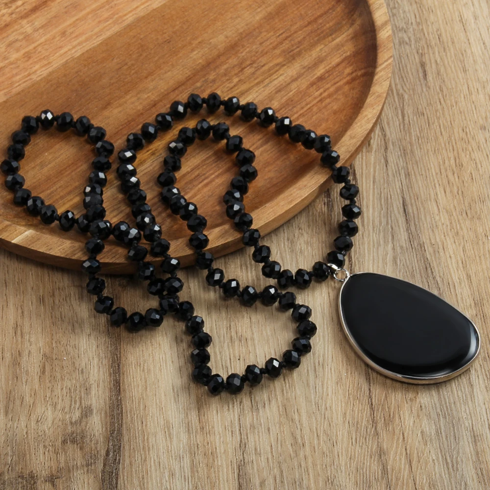 8mm Black Glass Knot Necklace Fashionable New Black Oval Agate Pendant Necklace Sweater Chain