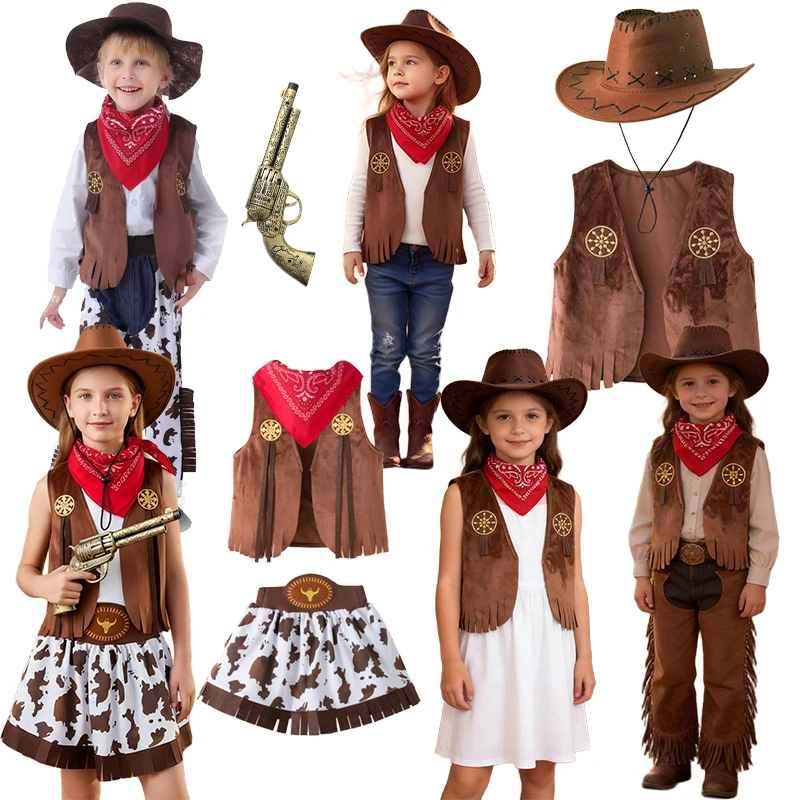 Conjunto de disfraz de vaquero del oeste para niños y niñas, chaleco con estampado de vaca y flecos, con sombrero y pañuelo, disfraz para fiesta de Halloween