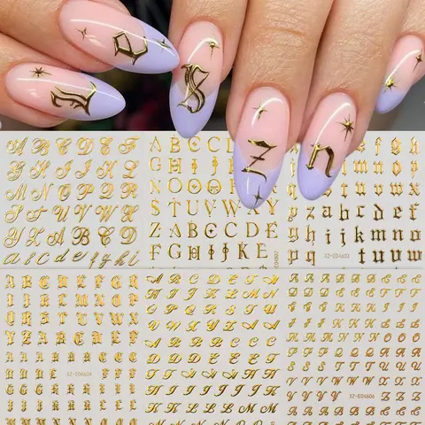 6Pcs Gold Gothic Letter Nail Stickers 3D Multi Type Metallic Vintage English Alphabet Self-adhesive Nail Decals English Nail Dec