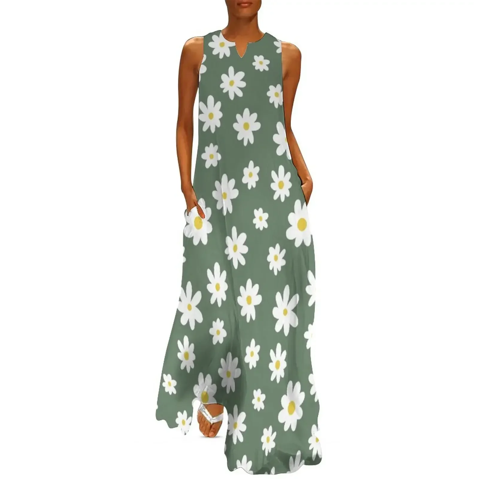 

Daisy Pattern (sage green/white/yellow) Long Dress women clothes clothes for women evening dress women Dress