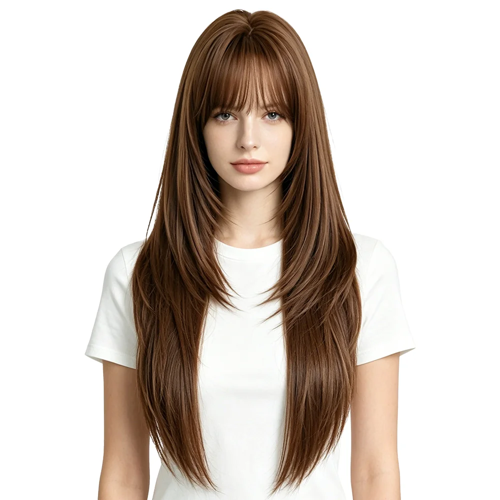 

Natural Chestnut Brown Layered Long Straight Wig Realistic Hairline Glueless Synthetic Hair For Women Party Cosplay Daily Use