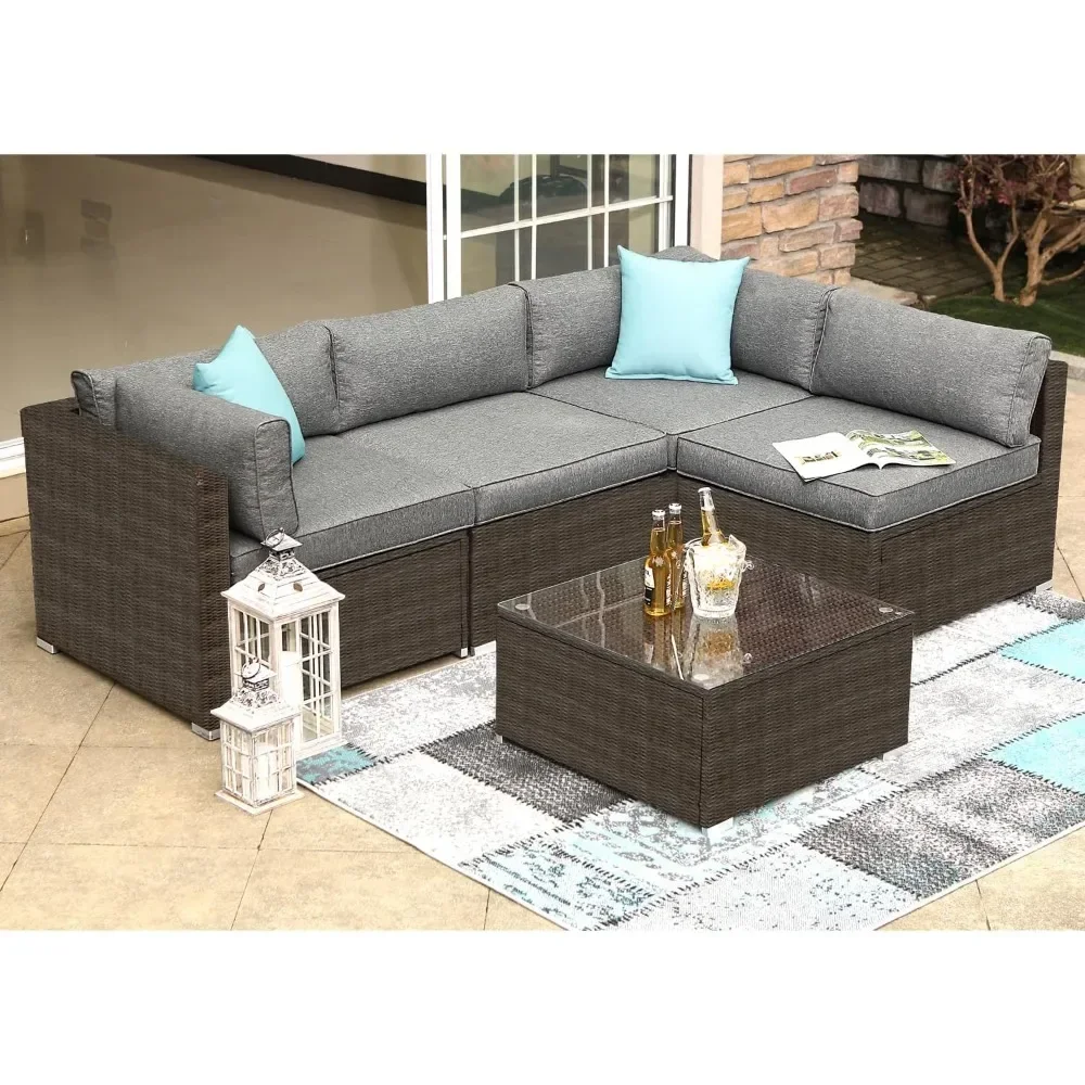 

5-Piece garden furniture sets, Wicker Sectional Sofa w/Thick Cushions, Glass-Top Coffee Table, 2 Turquoise Pillows Incl, Clips