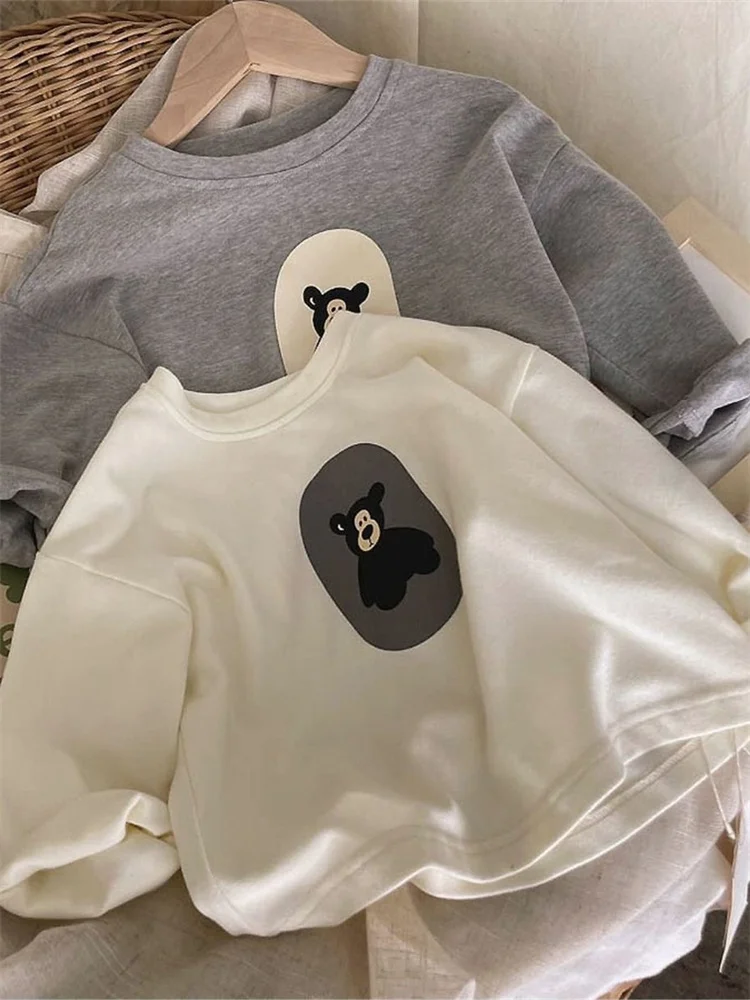 Camiseta de Algodão Coreana Estilo Desenho Animado Manga Longa para Meninos e Meninas Primavera Outono Nova Moda Menina Pequena 100% Algodão...