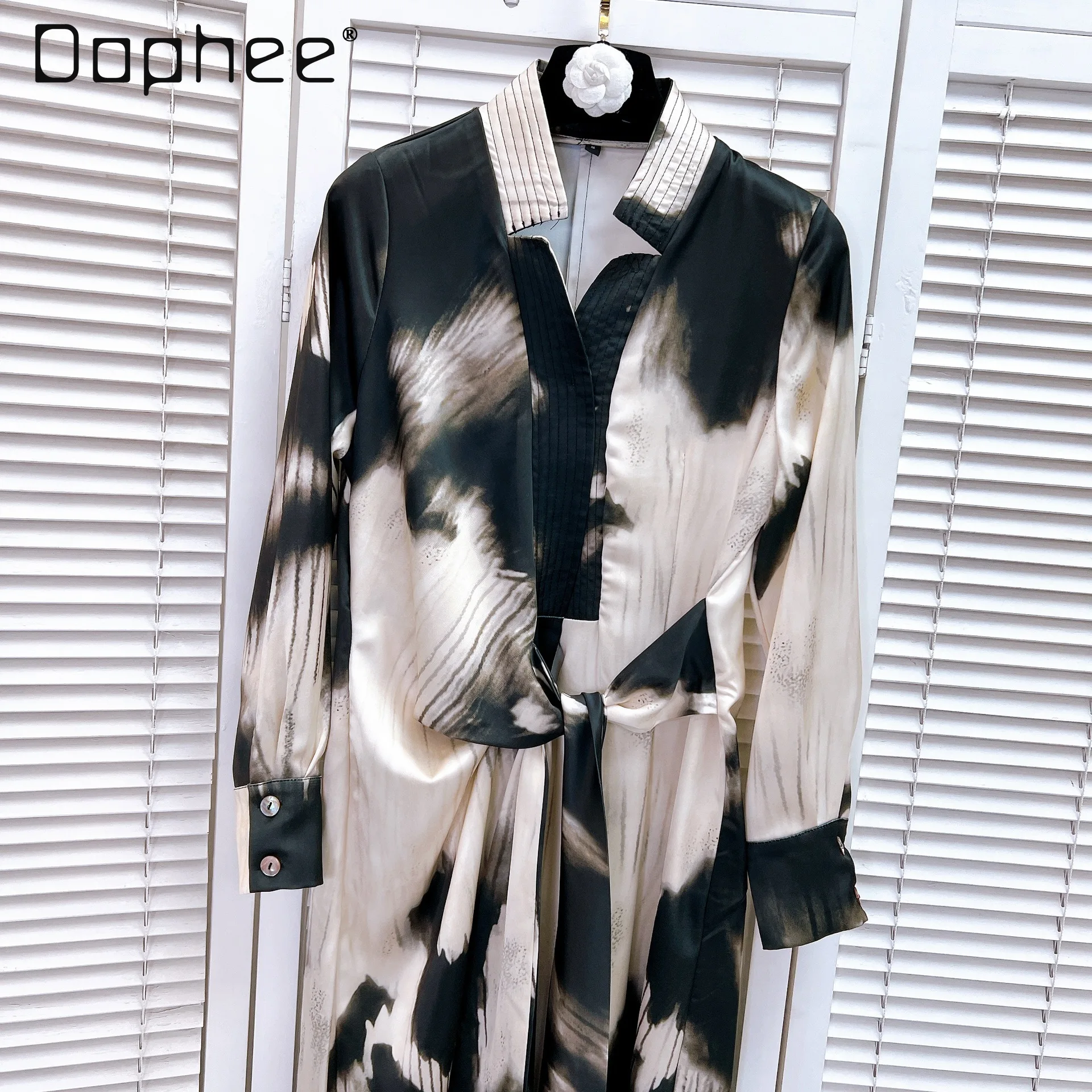 Elegante Prominente Vintage Print Kleid Frauen Herbst Koreanische Mode Langarm Dünne Lange Kleid High-end-V-ausschnitt Hemd Kleider