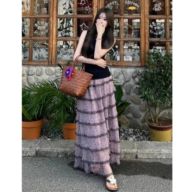 women Purple Floral Gauze Skirt Cake Skirt Word Skirt Complete Set for Women Spring and Summer Two-piece Set of Small Black Tops