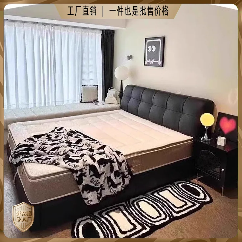 Italian nappa leather bed Internet celebrity modern simple cream wind puff bed storage  solid wood double wedding