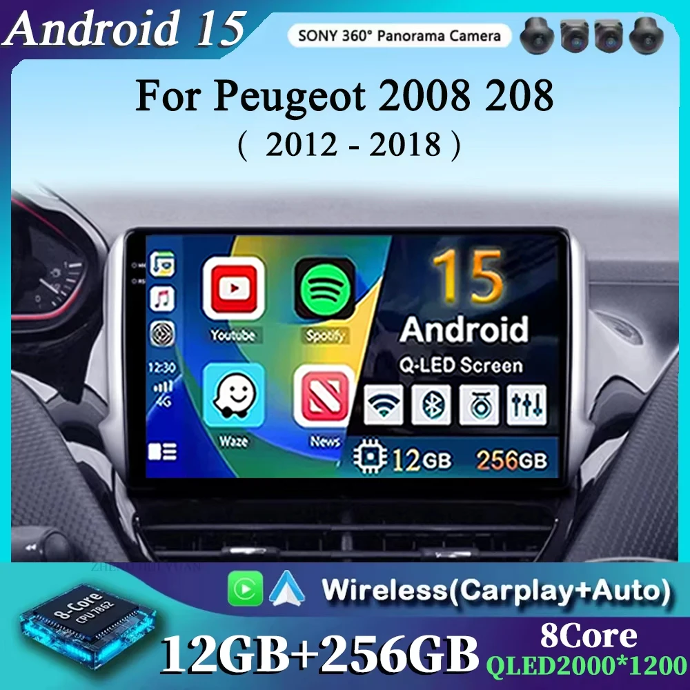 

Для Peugeot 2008 208 2012-2018 Carplay Auto Android 15 Автомобильный радиоприемник Мультимедийный видеоплеер Навигация без 2Din 2 Din WiFi DVD GPS