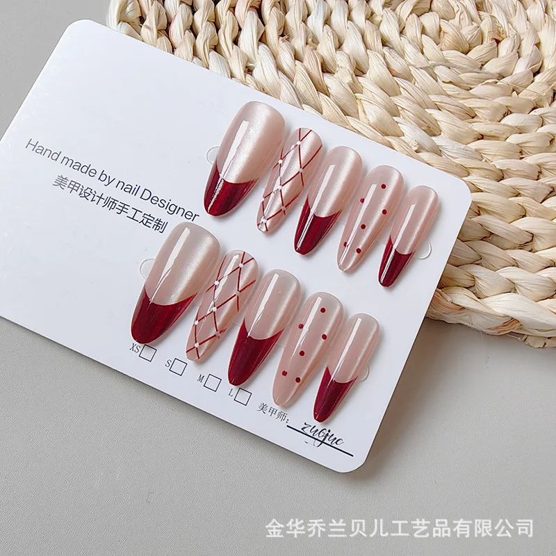 10Pcs Handmade Nails Checkered French Wine-Red Cat Eye Long Tips Press-On Nails Perfect for Gifting To Women and Friends
