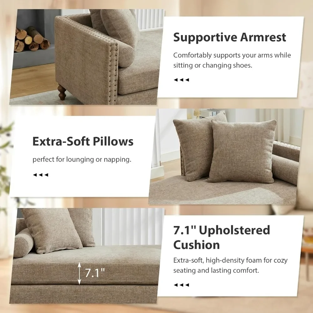 Espreguiçadeira grande de 75,2 polegadas, sofá-cama de chenille com braços capitonés e banco de quarto com 4 travesseiros