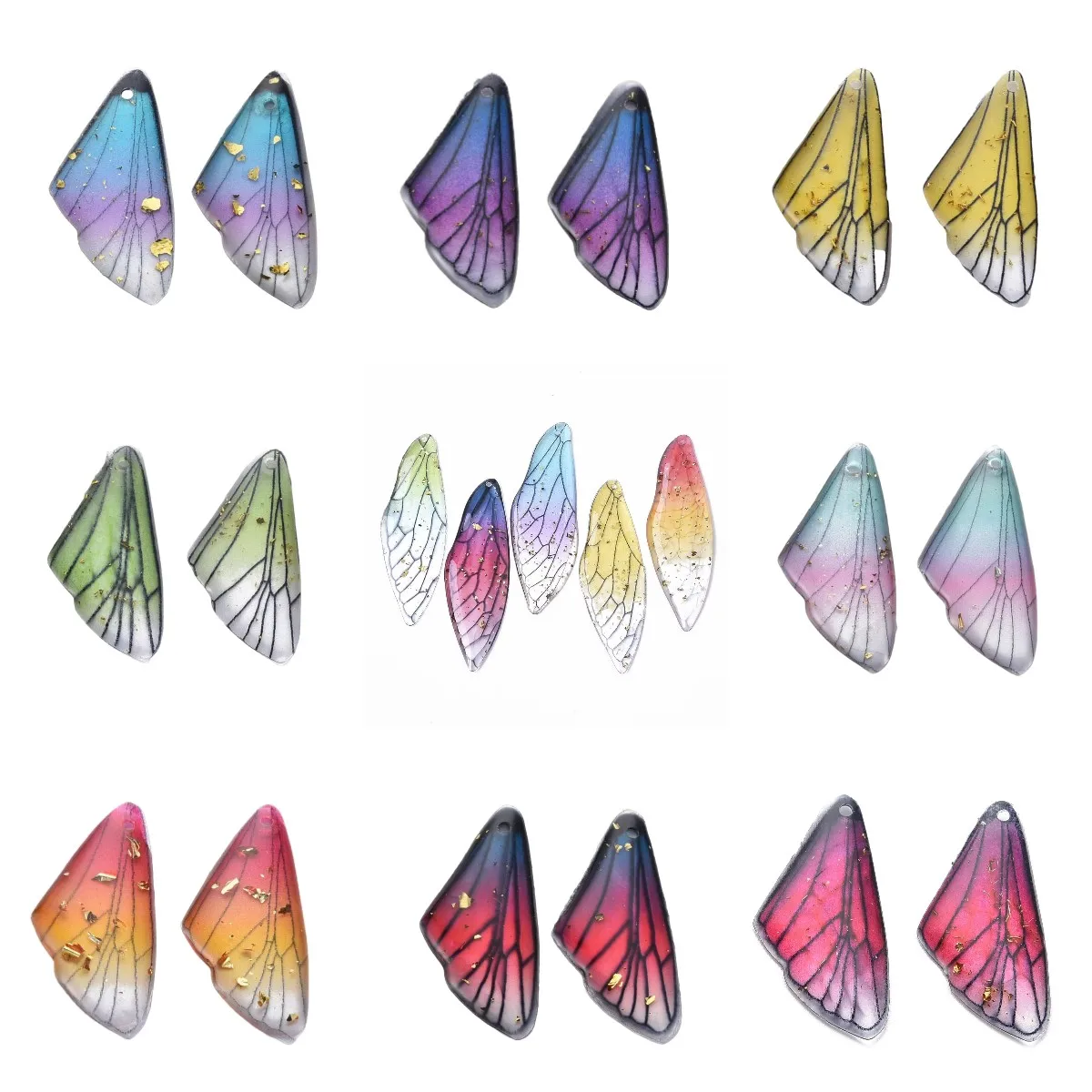 100Pcs Transparent Pendant Gradient Color Butterfly Wing Resin Charms with Gold Foil DIY Women Earrings Necklace Jewelry Making