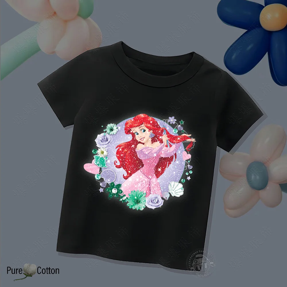 Disney Princess Ariel Cotton Kids T-shirt tops Summer Fashion Crew-neck short-sleeved Cartoon Girl Soft T-shirt