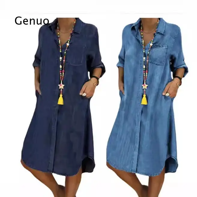 2026 Plus Size Loose Denim Shirt Midi Dress Turn Down Collar Long Sleeve Open Front with Side Pockets Comfy Fabric
