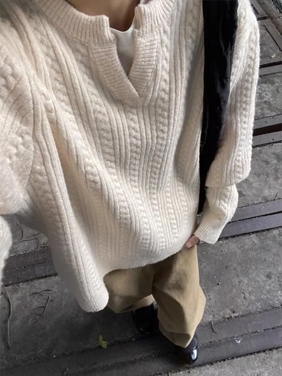 

Мужской свитер в американском ретро-стиле с витым узором, свободного кроя, с воротником хенли, осенне-зимний, премиум-класса