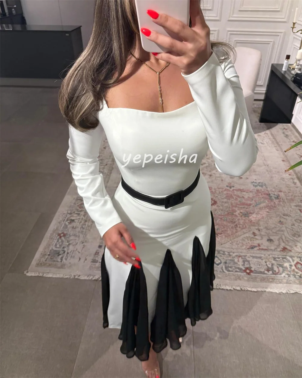 Customized Modern Style High quality Jersey Sash Ruched Straight Square Neck Tea Length Dresses Bespoke Occasion Dresses Casual image 4