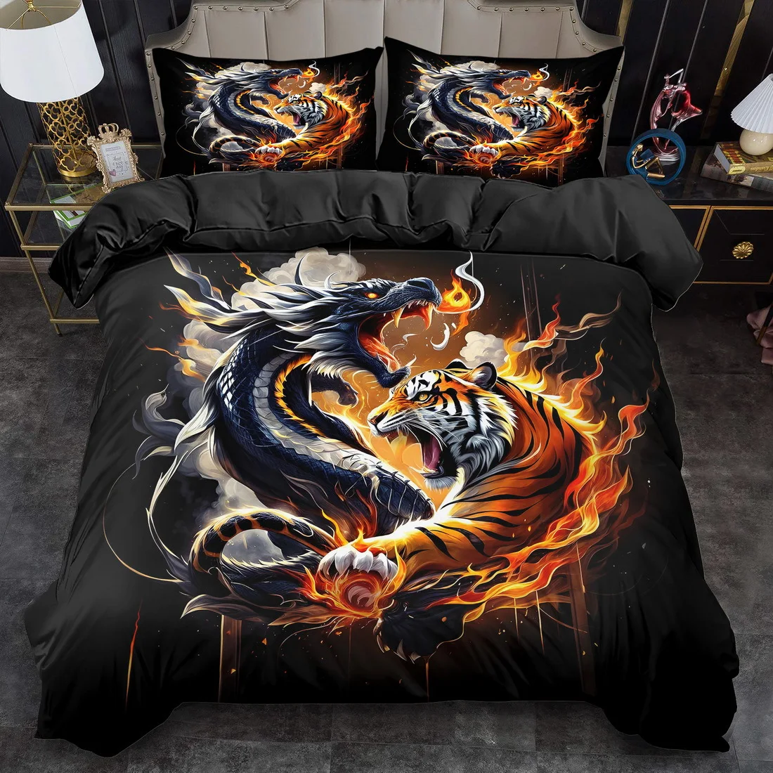 Double Dragon or Tiger or Cat Bedding Set 3D Printed Chinese Mythology Duvet Cover Set with Pillowcases for Bedroom