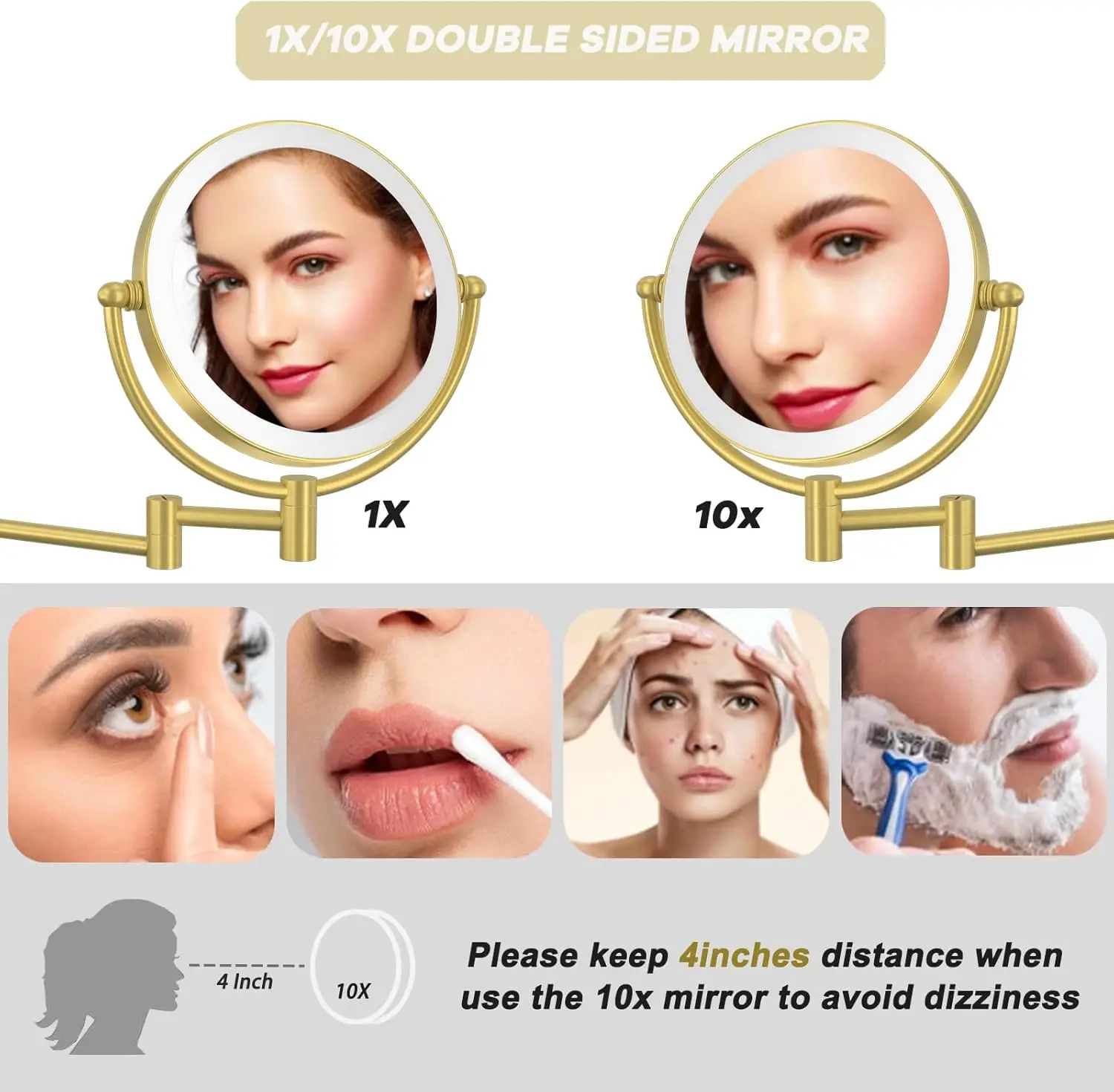 نحى الذهب Led مرايا الحمام جودة النحاس 10X مكبرة مرآة لوضع مساحيق التجميل المزدوج الذراع تمديد الذهب Led مرايا الحمام القابلة للطي #4