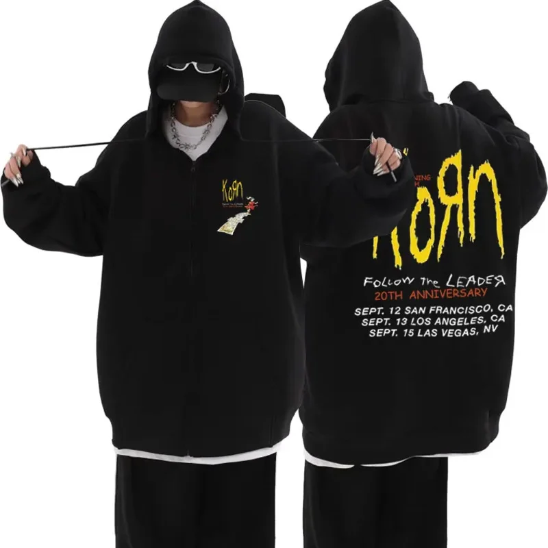 Rock Band Korn Follow The Leader 20Th Anniversary Zipper Hoodie Men Fashion Casual Zip Up Jacket Men's Vintage Oversized Hoodies