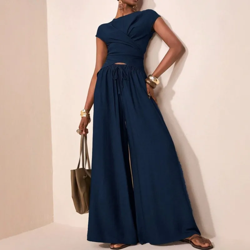 2026 New Women's Solid Color Pants Set Casual Fashionable Comfortable Versatile Simple And Slim Fit Top With Wide Leg Pants Set