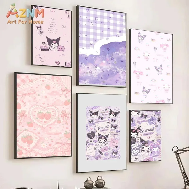 Kuromi Canvas Poster Cute Sanrio Cartoon Print Unframed Canvas Art Purple Plaid Bow Heart Book Sweet Kawaii Aesthetic Wall Decor