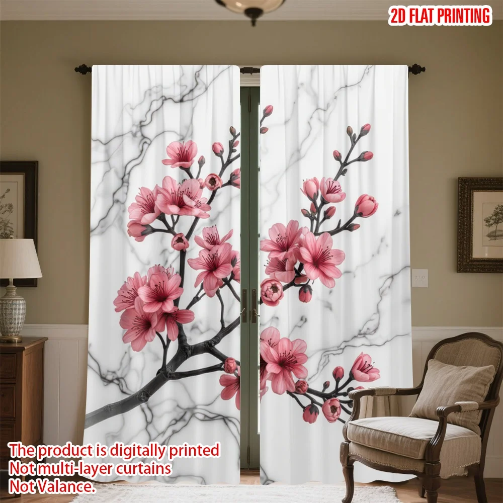 

2D flat printing 2pcs Window Treatment Curtains Cherry Blossoms on Marble Digital Printed Polyester Drapes Seasonal Party &