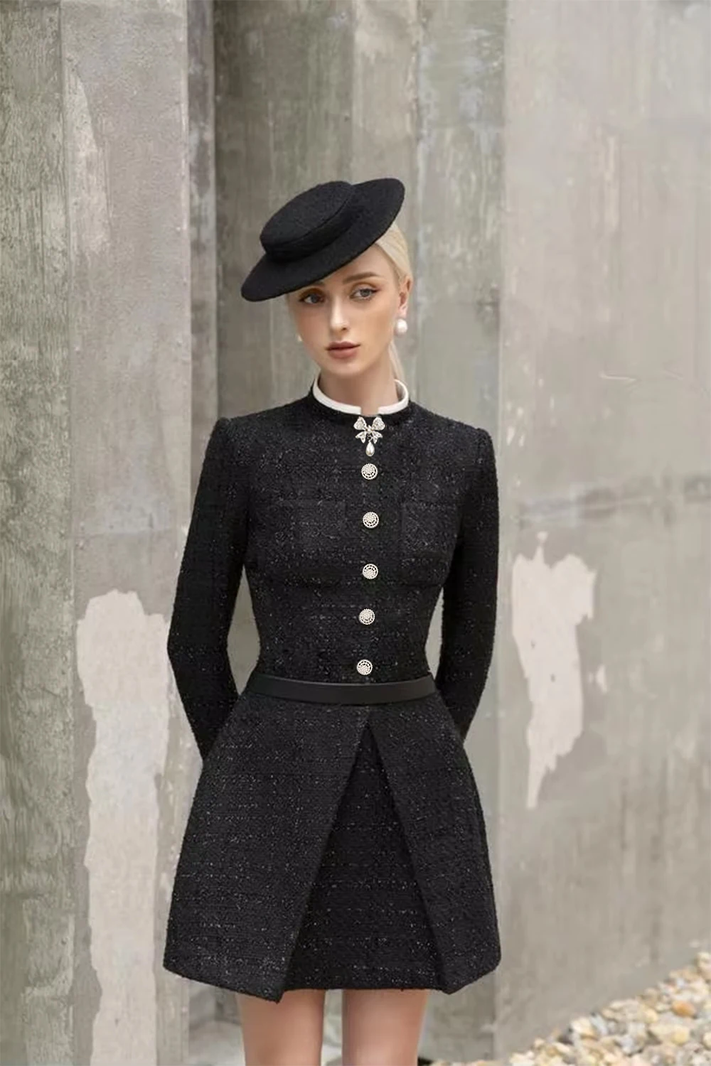 Sarto piccolo abito nero autunno inverno femminile abiti semi-formali di lusso leggero abito principessa in tweed nero taglie forti