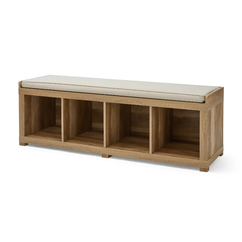 4-Cube Shoe Storage Bench, Weathered，Cube Storage，soft top cushion in neutral colored fabric