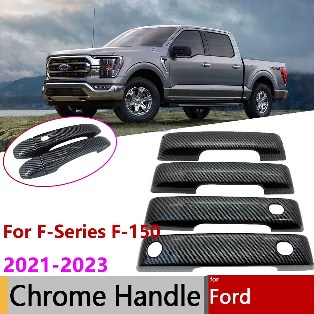 

For Ford F-Series F-150 F150 Lobo P702 2021 2022 2023 Gloss Black Carbon Fiber Chrome Smart Door Handle Cover Trim Accessories