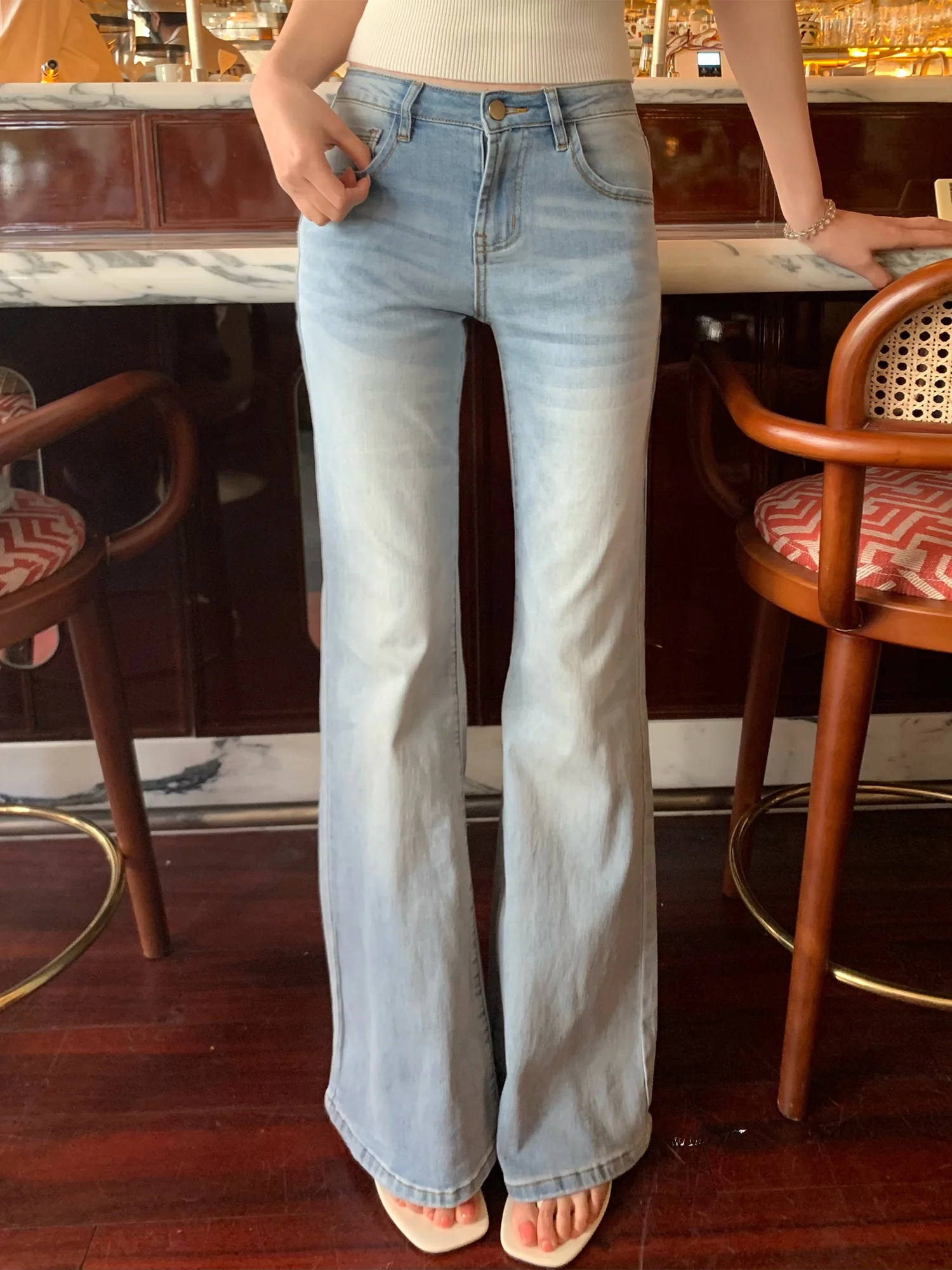 

Slimming High Waist Cotton Denim Pants Women's Light Blue Bell Bottoms Vintage Summer Drapey Wide Leg Jeans OKJJ